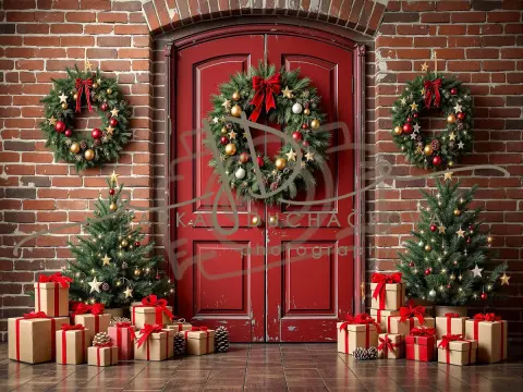 Fotopozadí - Vánoční dveře červené 1 Fotopozadí - Vánoční dveře červené 1