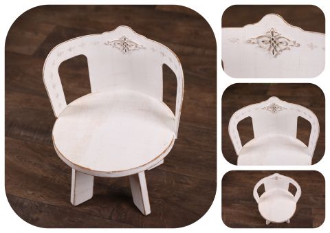 Stolička - židlička kulatá s opěrátkem - bílá patina